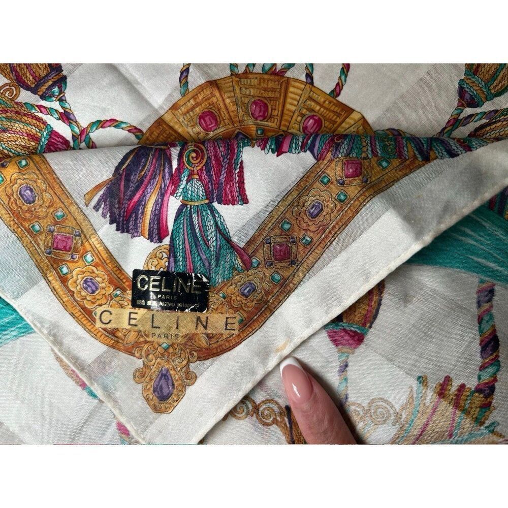 Vintage Celine 18x18 Scarf Maximalist Tassel Gem Print Artsy Cotton Luxury - Picture 3 of 4